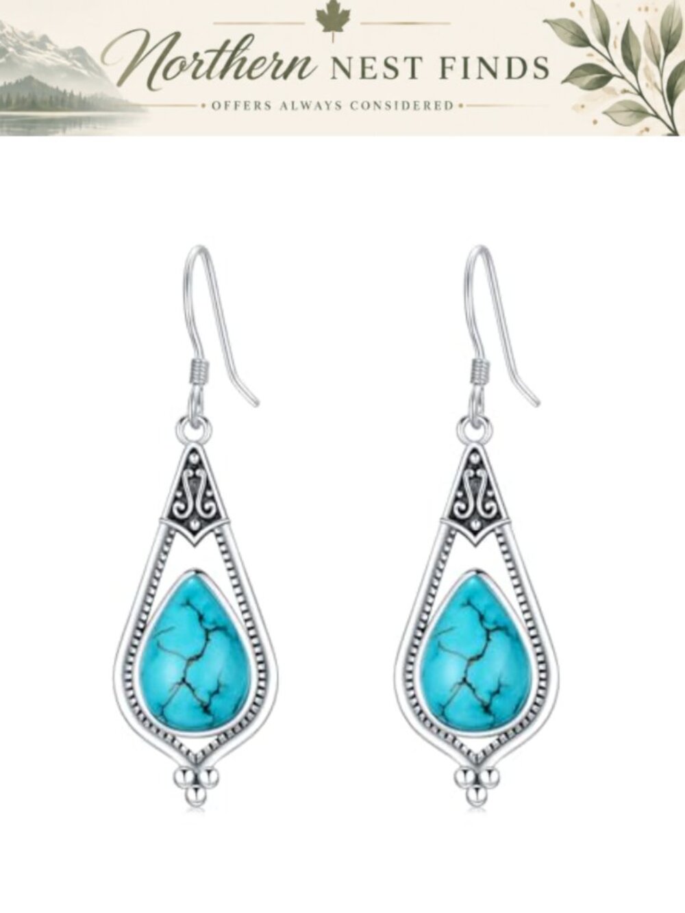 Turquoise Dangle Earrings Sterling Silver Vintage Western Teardrop